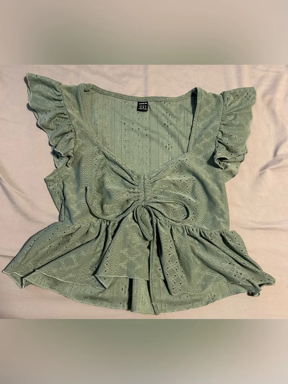 SHEIN Sage Green Eyelet Tie-Front Peplum Blouse- s/m - Picture 1 of 5
